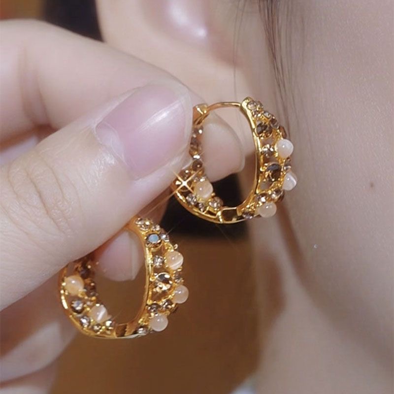 铜合金合成锆石耳饰 咖金色满钻耳扣高级感耳圈轻奢气质耳圈-132