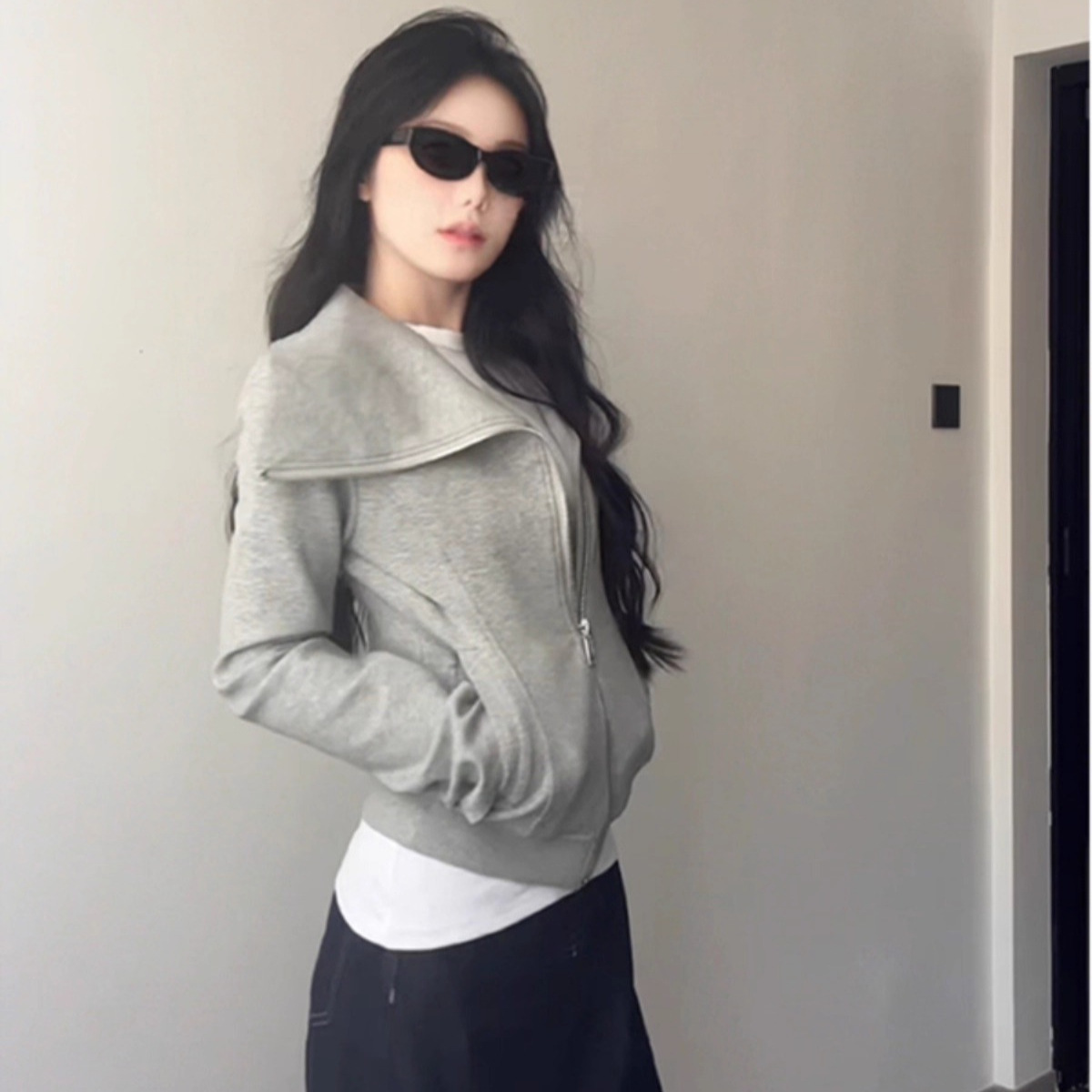 美式不规则大翻领灰色斜拉链卫衣女初冬新款重磅慵懒风高级感外套