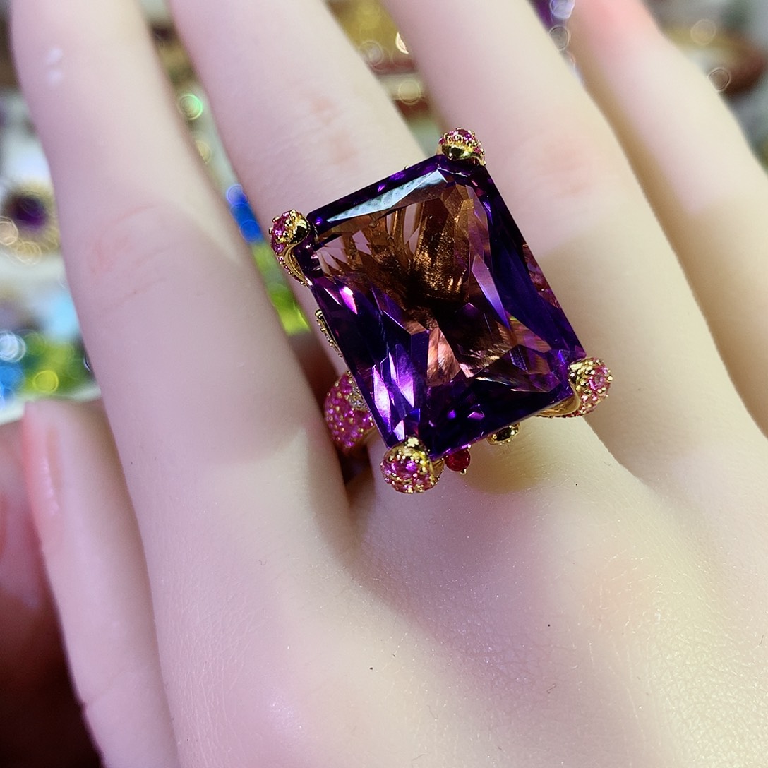 紫晶戒指银S925镀金镶嵌