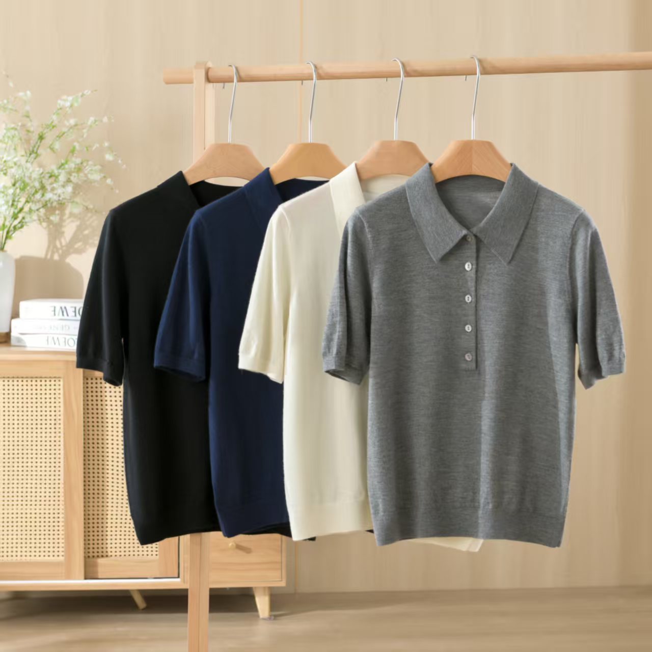 精品羊绒T恤领女半袖薄款短袖女落肩袖常规款夏季舒适