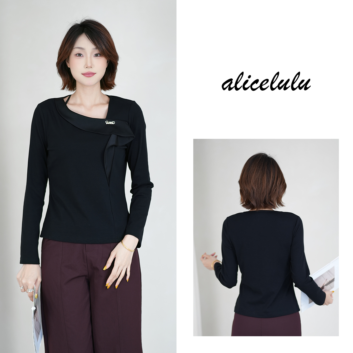 1alicelulu独特斜肩美式设计感百搭显瘦衬衫上衣S2144451W