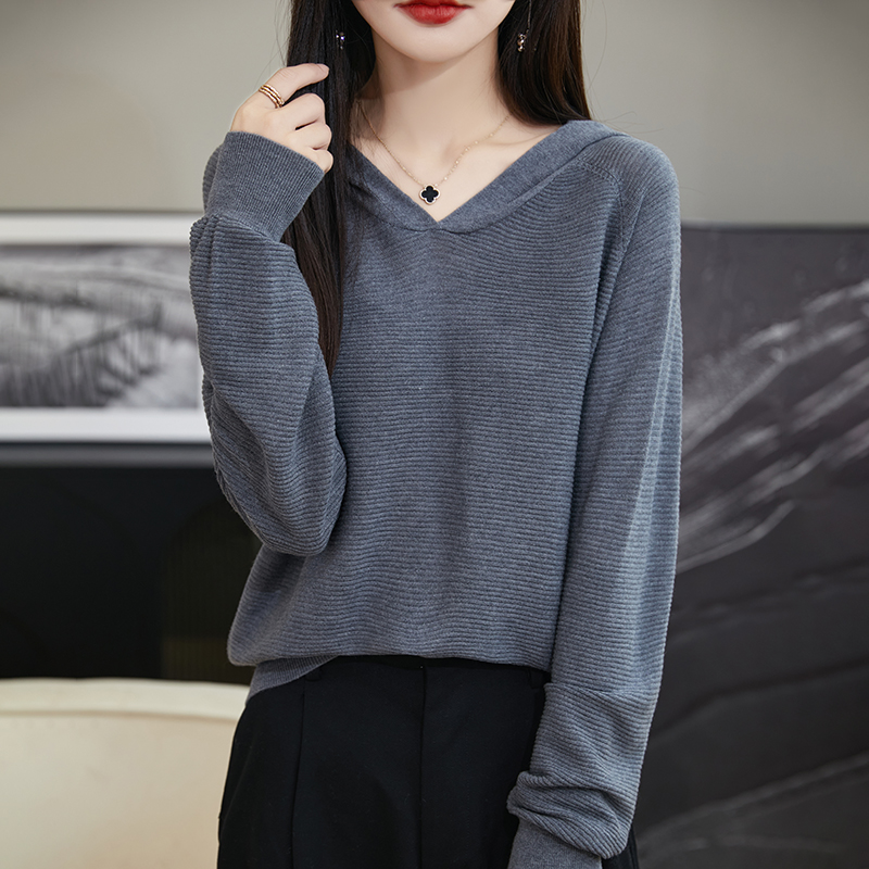 气质唯美 法式精纺蚕丝羊毛天丝正反针针织帽衫94053