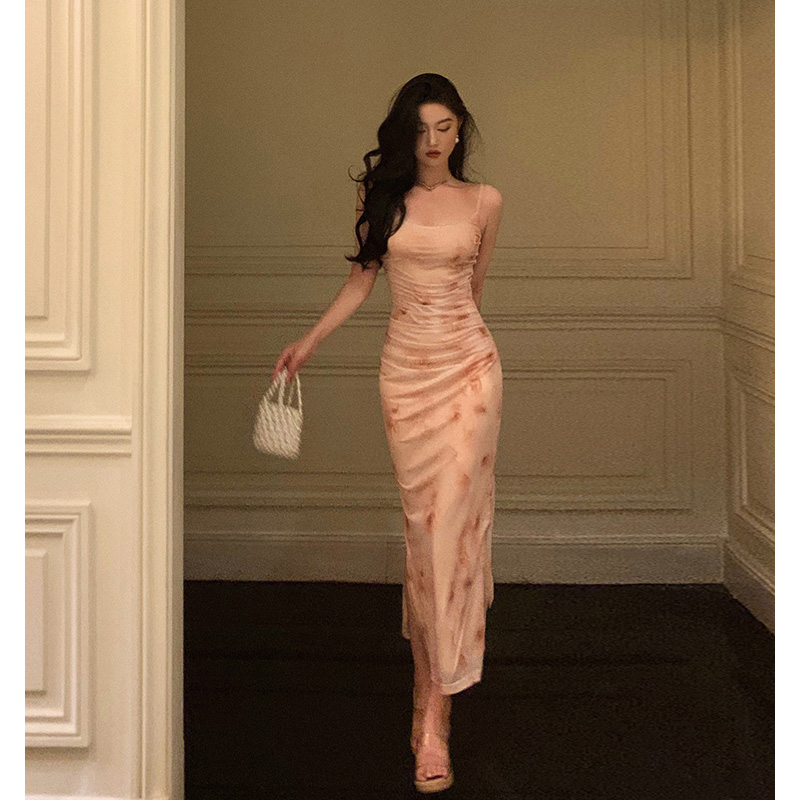 619晕染网纱吊带连衣裙女2024夏季新款法式气质修身开叉长裙3443
