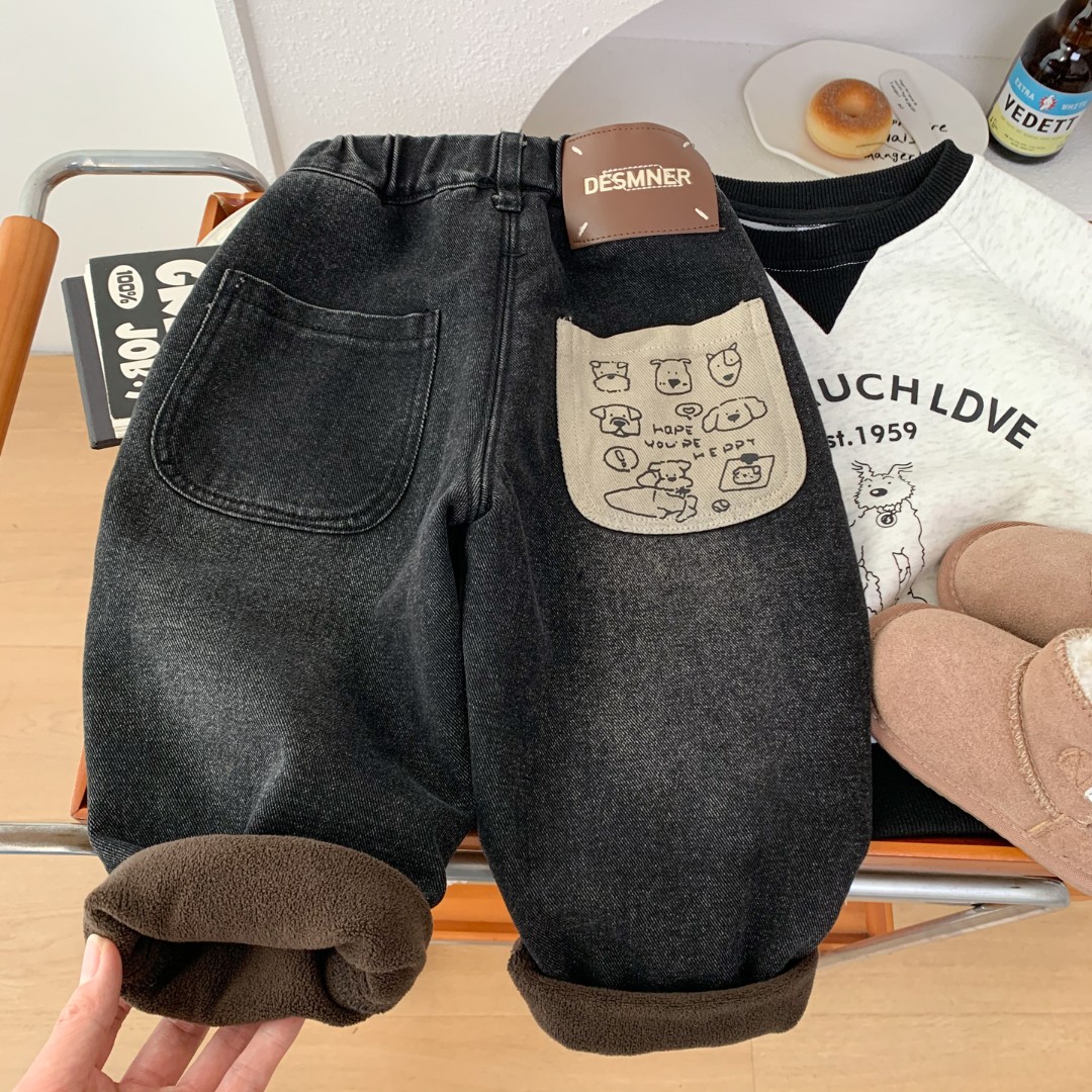 男童加绒柔软牛仔裤2025冬季儿童一体绒休闲裤中小童卡通洋气长裤