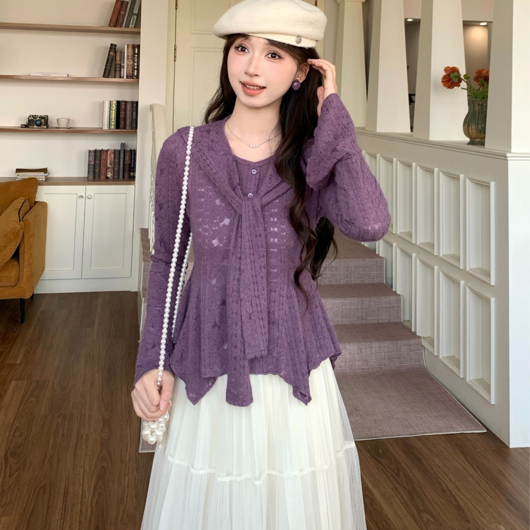 大码胖MM纯欲风蕾丝拼接长袖t恤女秋季设计感修身显瘦打底衫上衣