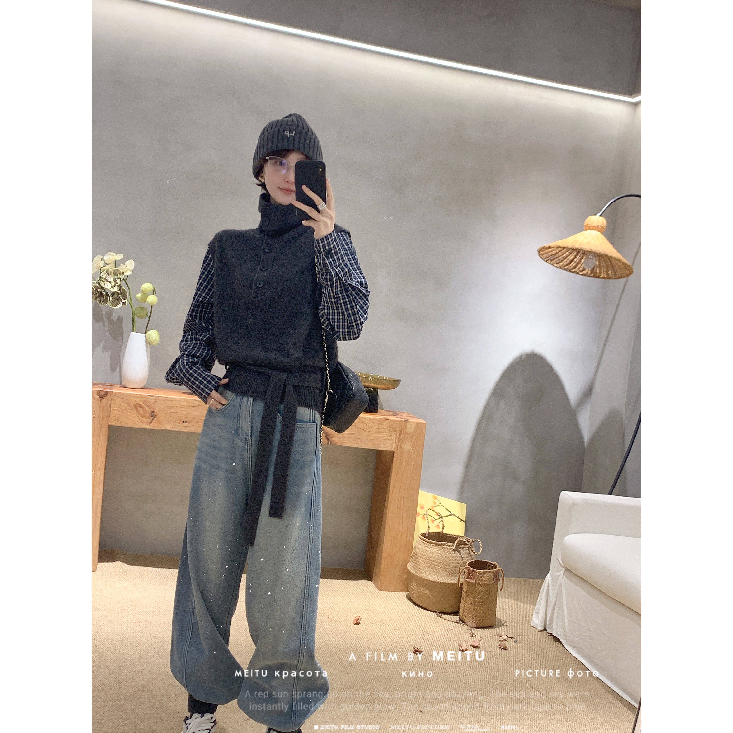 【骆小姐私服】年装新款软糯细腻羊绒拼接衬衫袖高领毛衣针织衫上衣