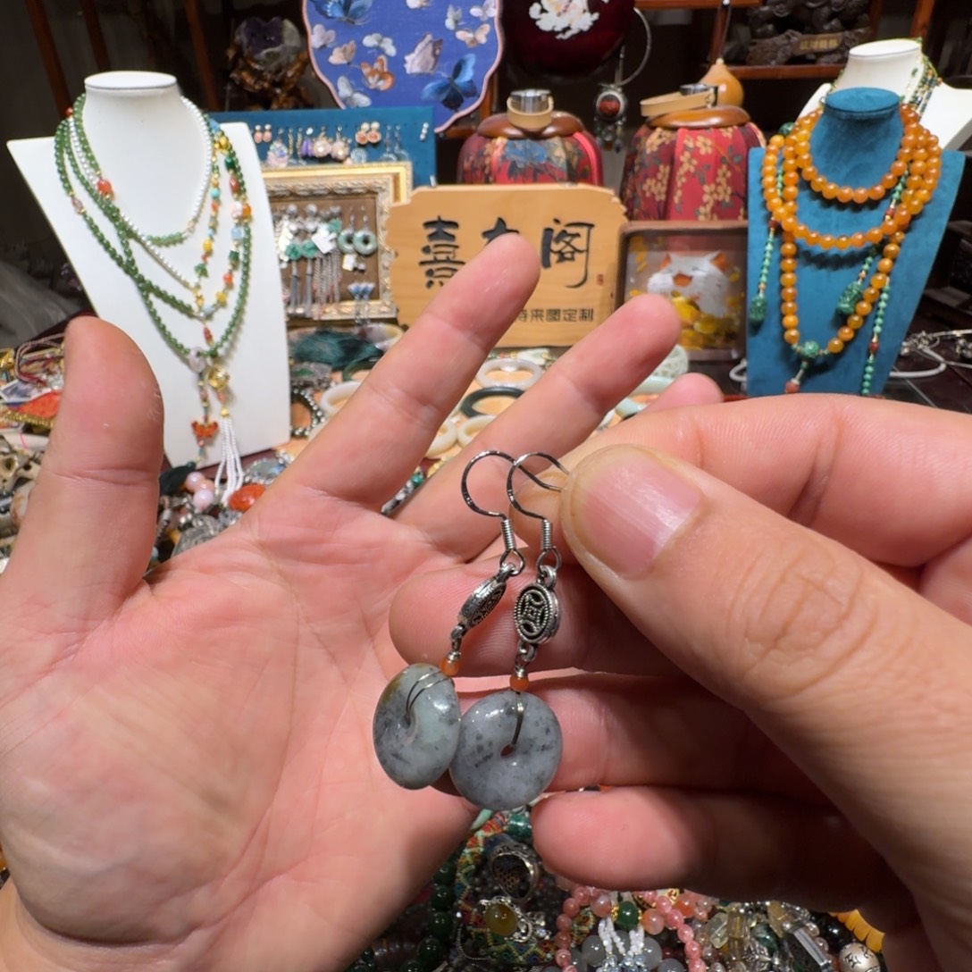 翡翠银S925镶嵌耳饰新粉捡漏天然翡翠A货乌鸡平安扣耳坠