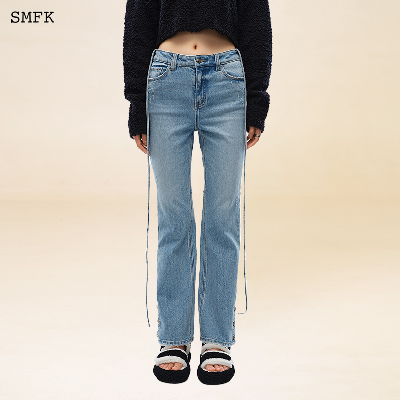 SMFK人鱼复古牛仔裤UJ004BL 飘带蓝色微弹低腰显瘦百搭