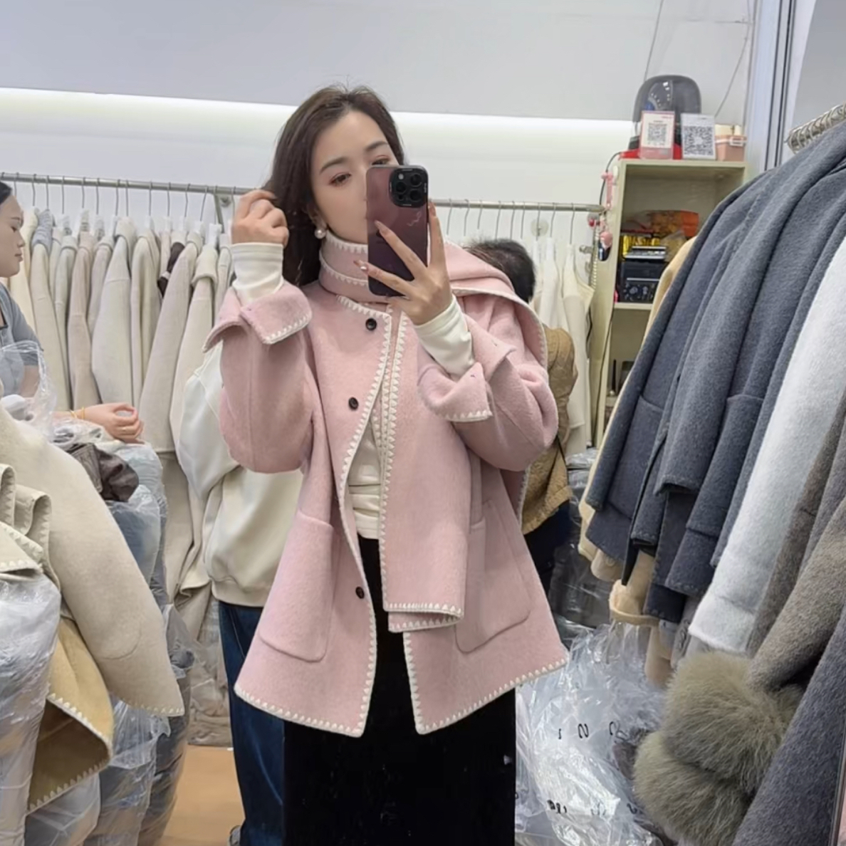 （刘敏服装）052-1款冬季重工落肩短款双面呢大衣外套女通勤时尚