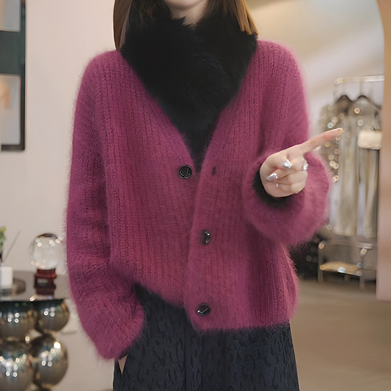 温柔慵懒风V领针织开衫女冬季洋气宽松韩系穿搭毛衣外套2025新款