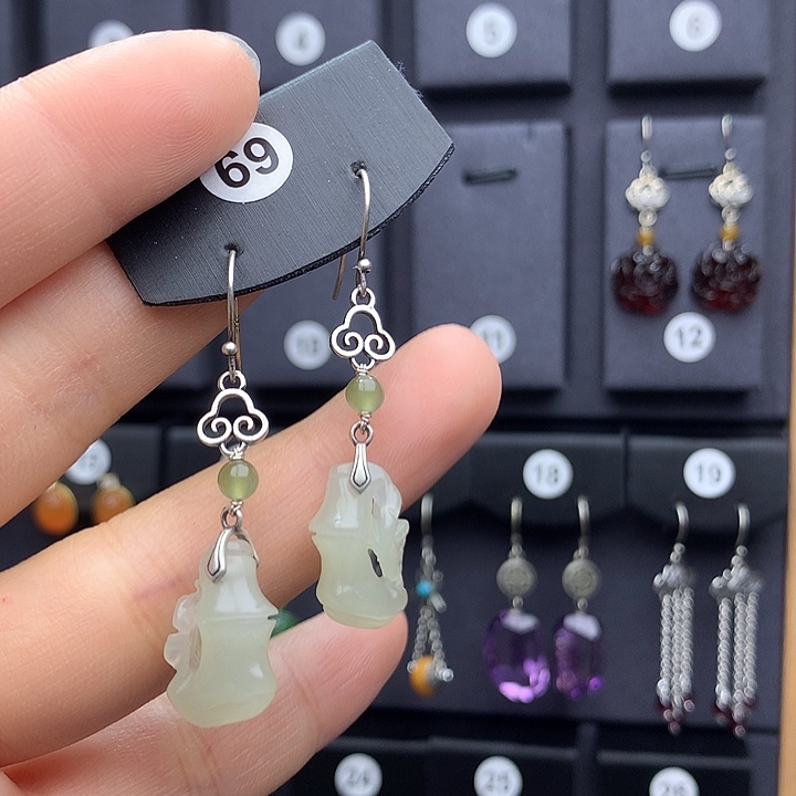 和田玉耳饰银S925镶嵌