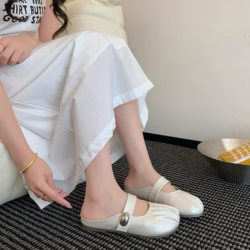 包头拖平跟夏季仙女风法式褶皱半拖包头凉鞋休闲平底