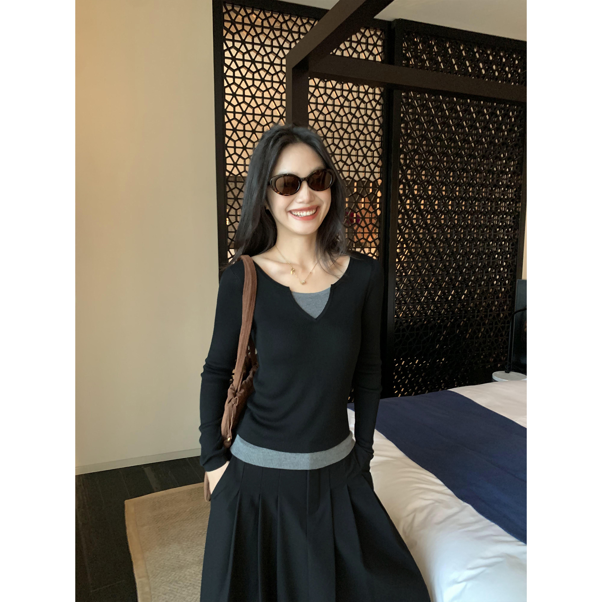 pusumede假两件长袖针织衫修身洋气设计感撞色v领打底PSM21819-Q