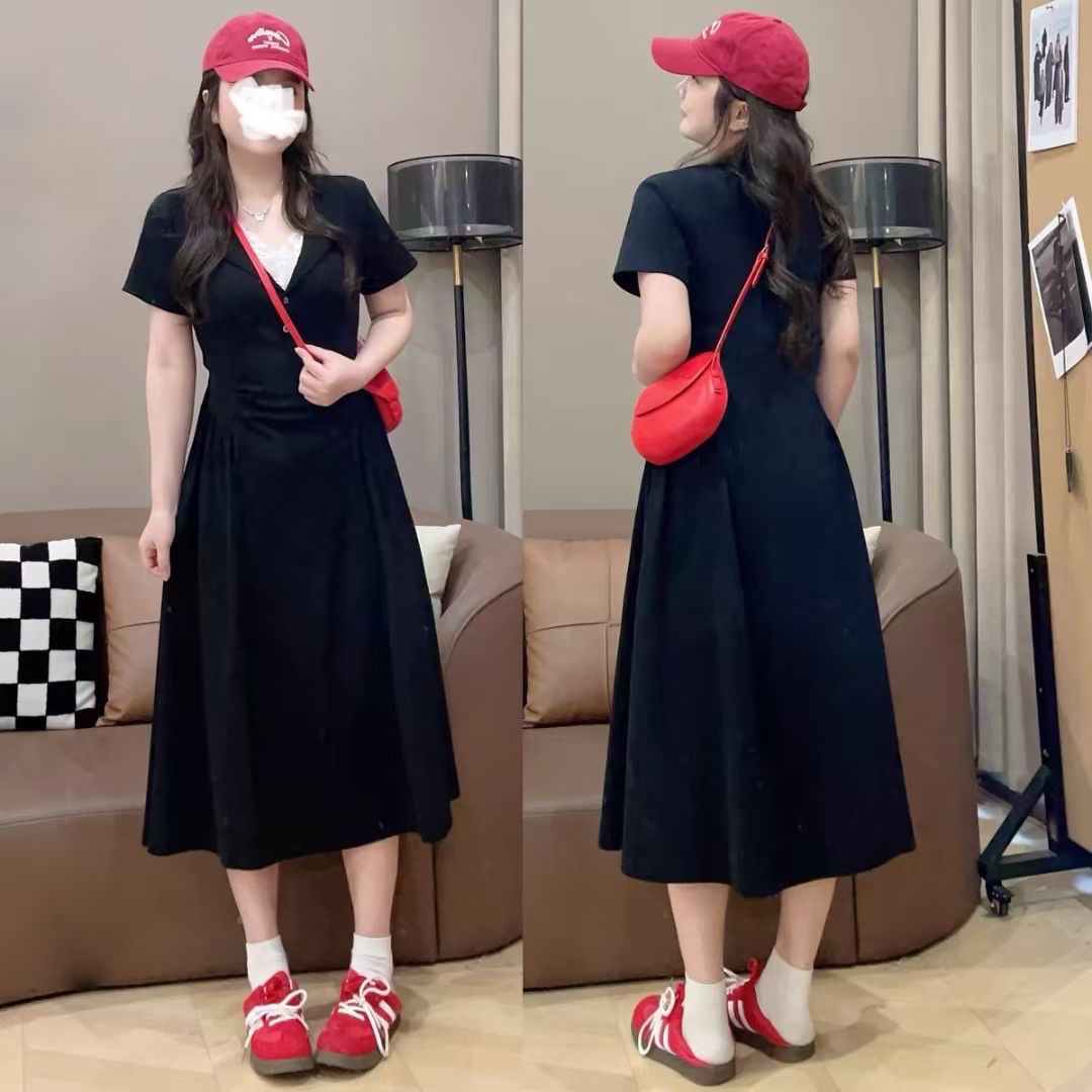 法式纯色V领腰部捏褶收腰A字大裙摆芭蕾风长短裙