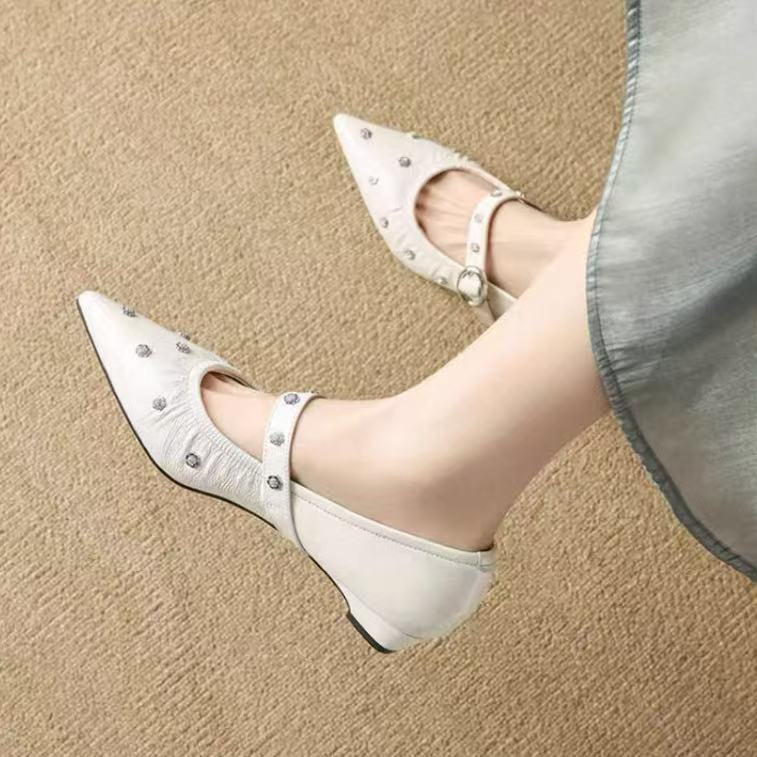 C6740  米白  时尚粗跟尖头2025新款真皮玛丽珍浅口女单鞋