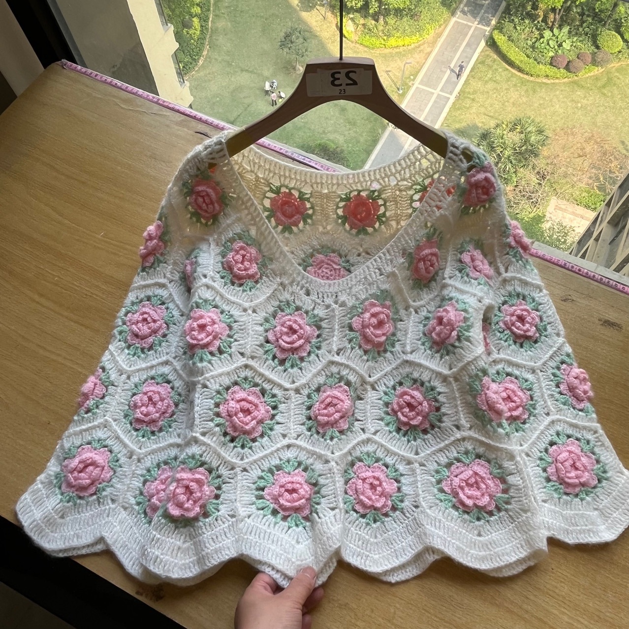 46号-整件手工钩立体玫瑰花钩花针织衫女设计感小众宽松长袖毛衣