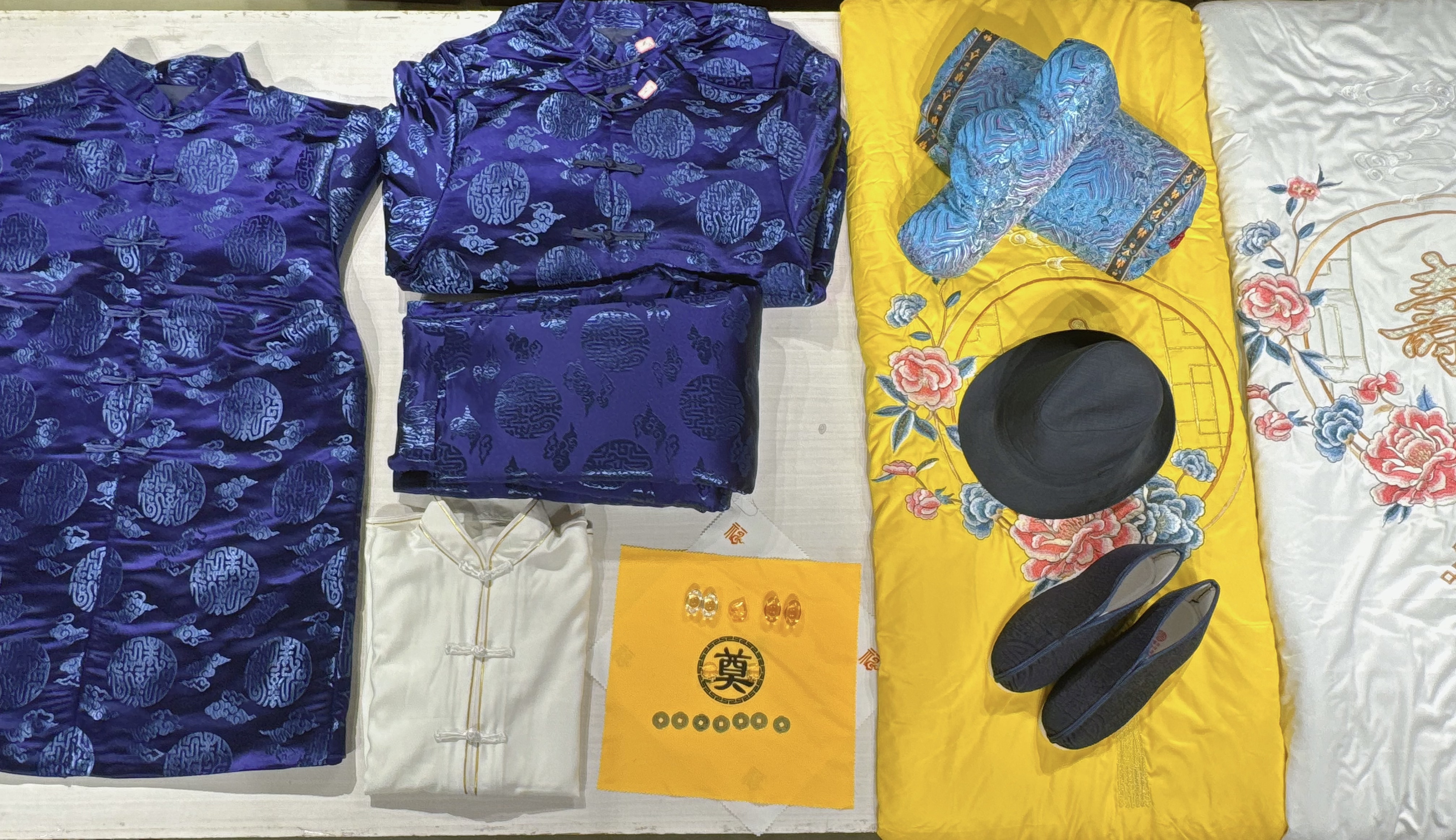 高级织锦提花复古男款七件套百年福寿服套装配件全赠送