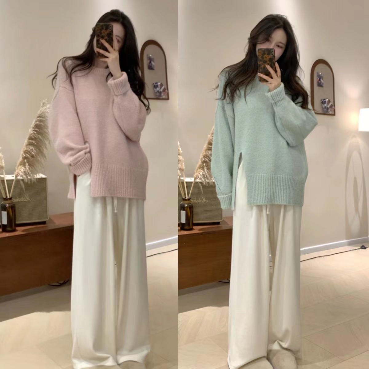 HM17复古设计感开叉圆领厚实宽松大毛衣百搭韩版