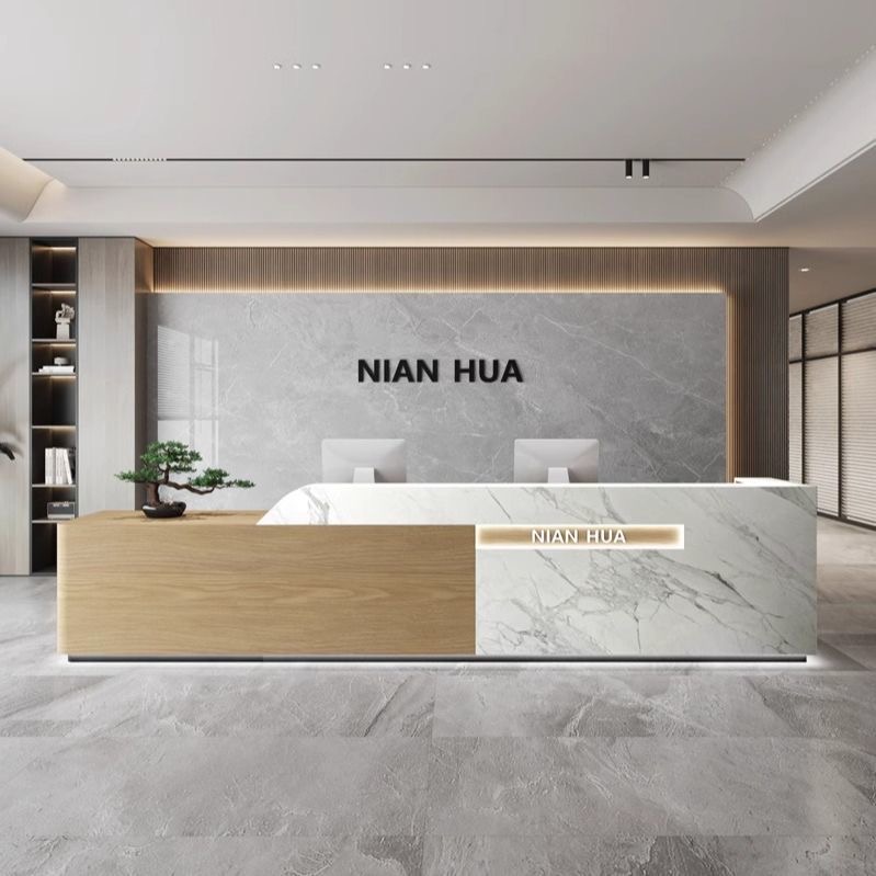 简约大理石纹公司前台桌酒店接待台办公室吧台美容店铺收银台物业