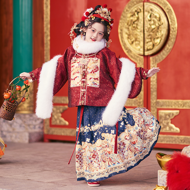 旗铂-福瑞 明制汉服正版女童拜年服加绒冬款儿童过年衣服女孩年服