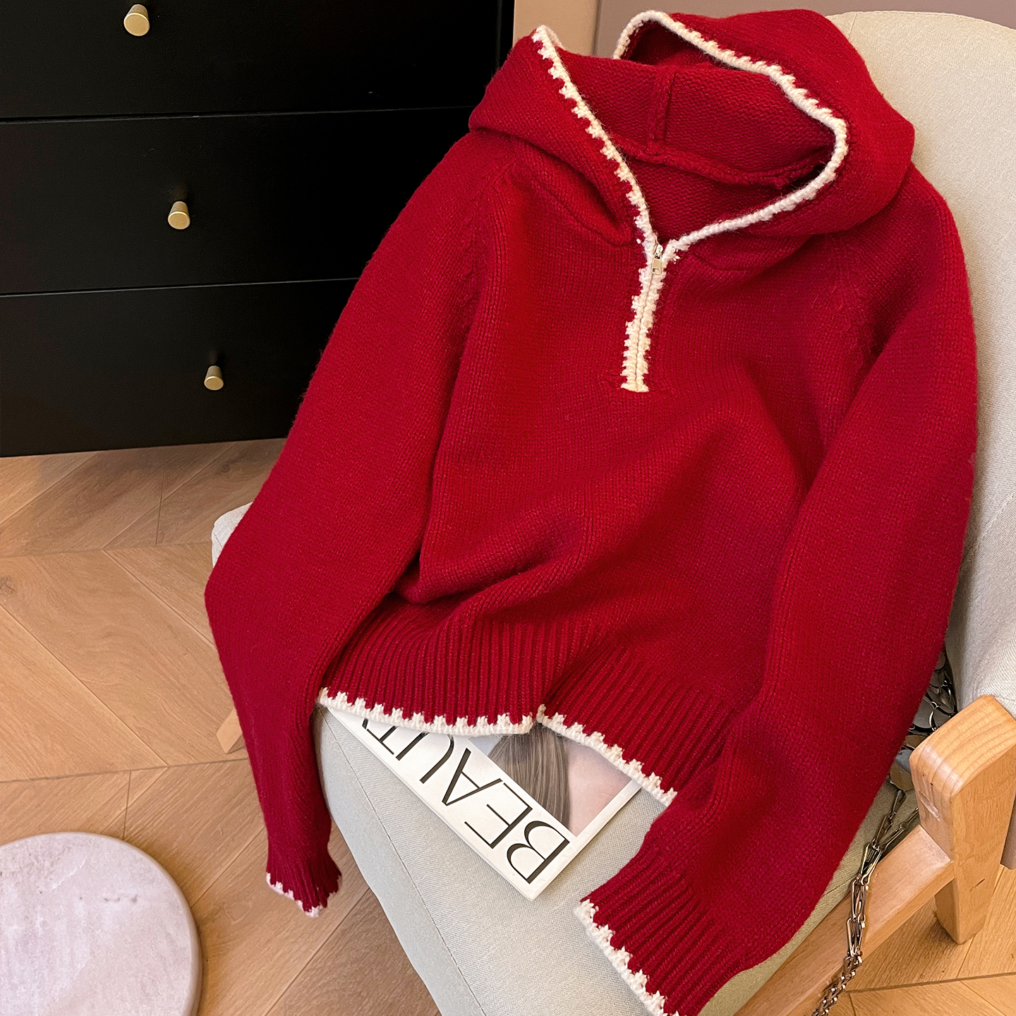 小C家 撞色边半拉链连帽毛衣女款2025新款冬季宽松套头针织衫上衣