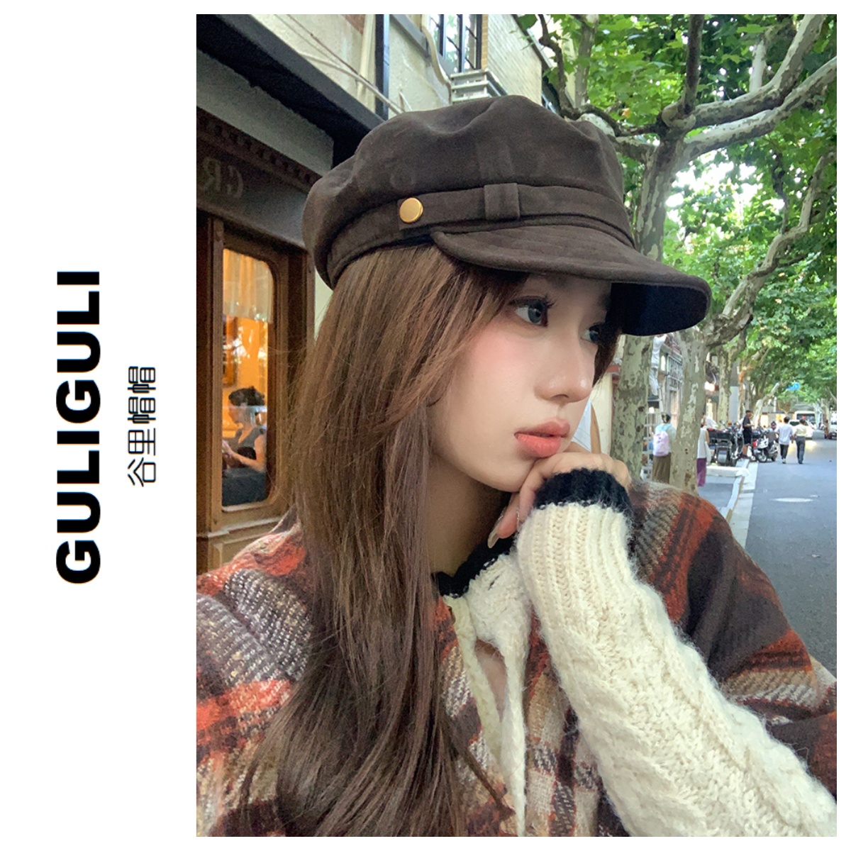 秋冬做旧报童帽平檐平顶咖色帽子百搭时尚贝雷帽画家帽帽子女款