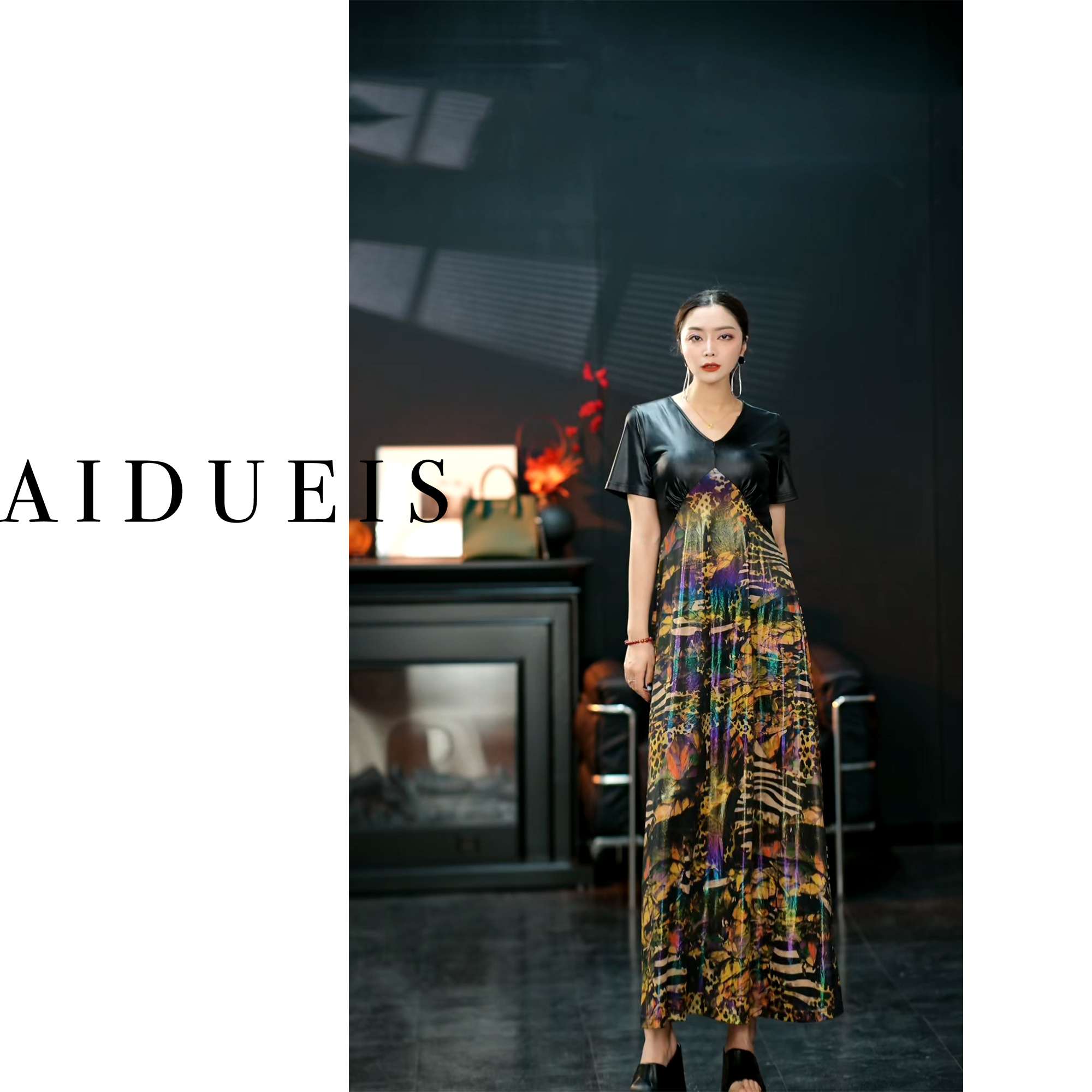 AIdueis【花间絮】拼接气质女装连衣裙新款时尚高贵显瘦收腰1511