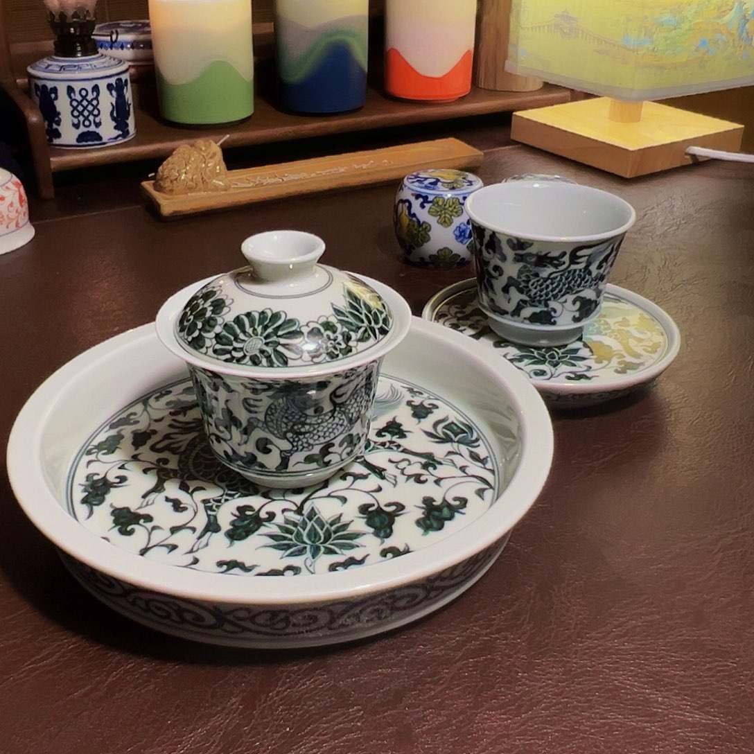 瓷摆件精品手绘郎窑绿茶具套装福利价
