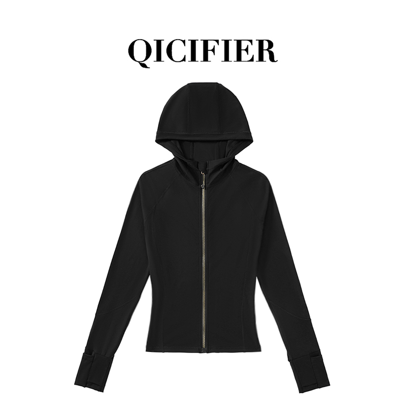 【QICIFIER】黑色 原单立领小蛮腰运动夹克帽衫 3077