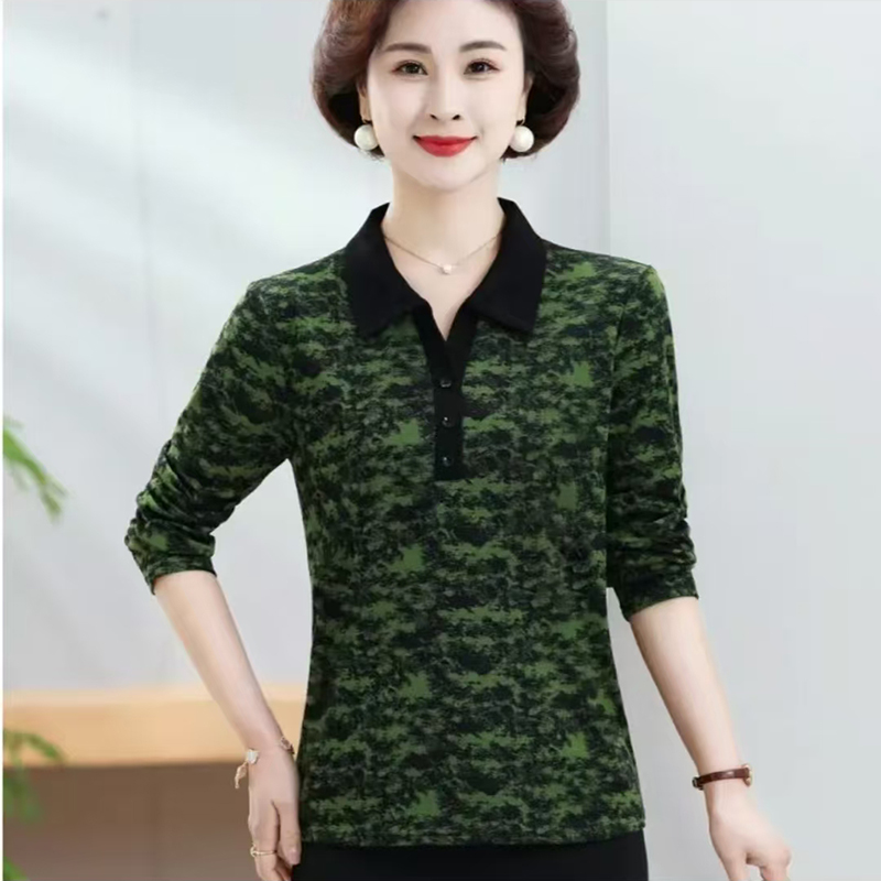 气质长袖套头小衫翻领印花T恤女时尚妈妈装洋气百搭春秋上衣