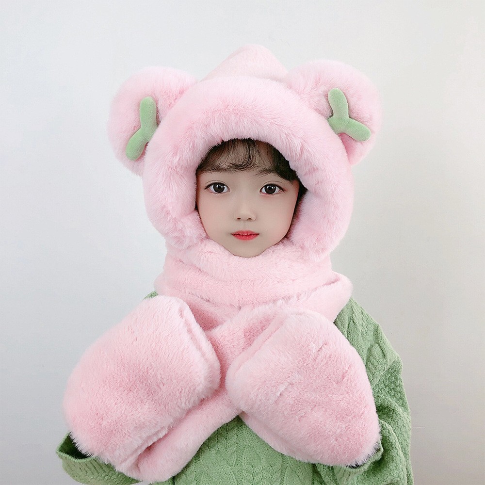 男女童可爱秋冬季帽子围脖手套三件套加绒户外包头帽儿童一体帽子