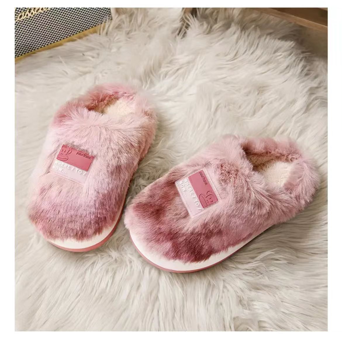 780猴子情侣款毛绒绒扎染方标短毛绒时尚棉拖鞋