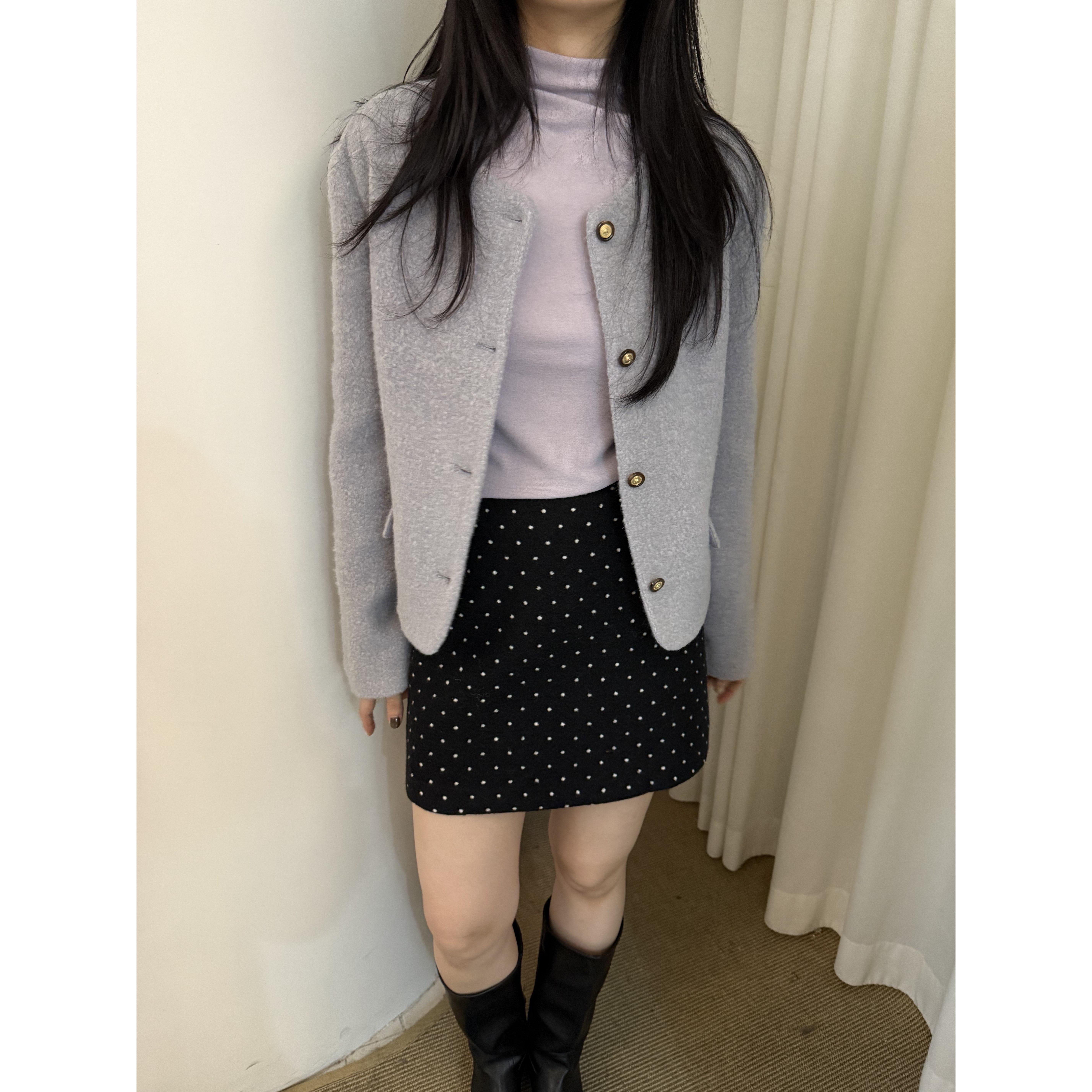 5586#『5%羊毛』MIU系韩系甜美波点显瘦遮胯A字半身裙