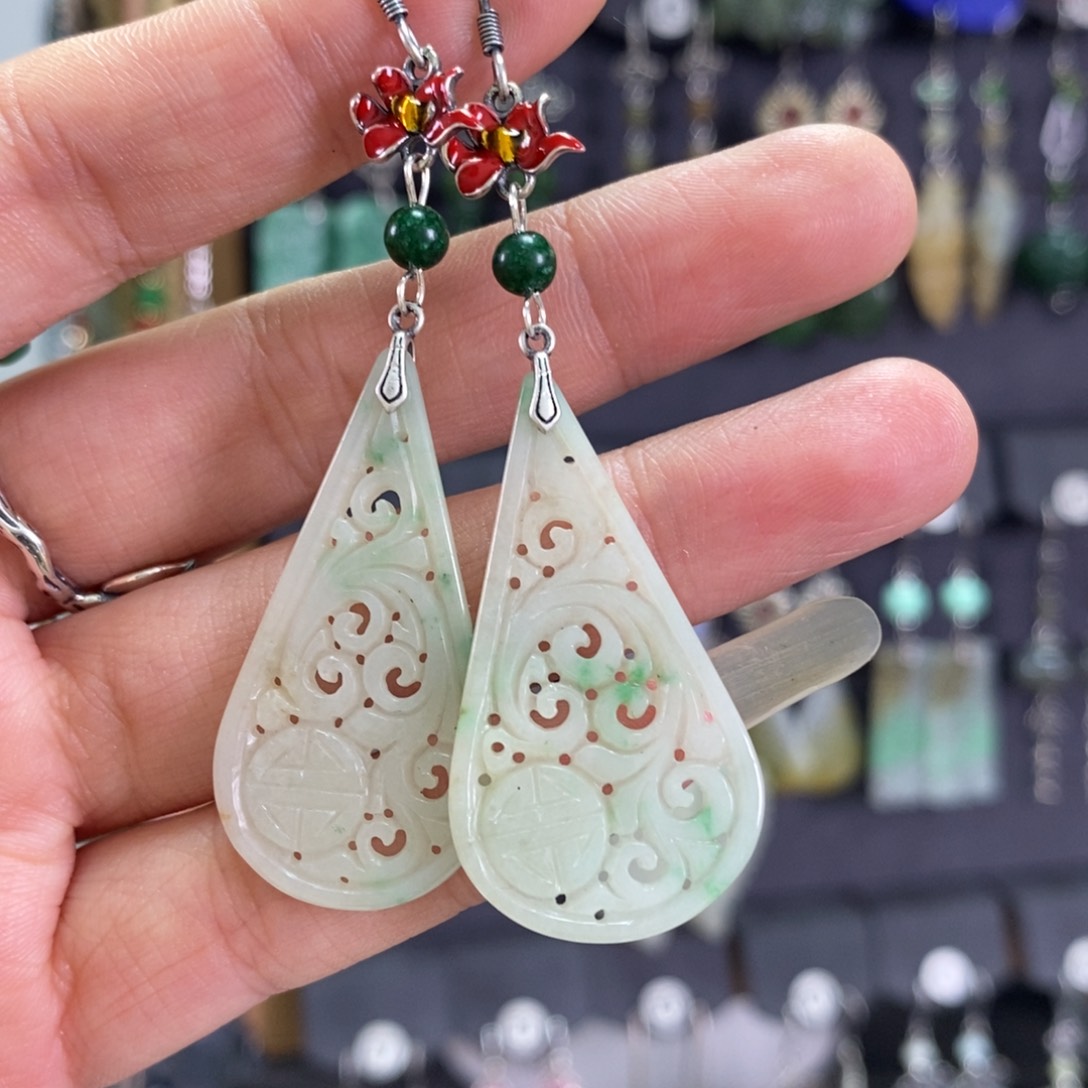 翡翠耳饰银S925镶嵌耳坠