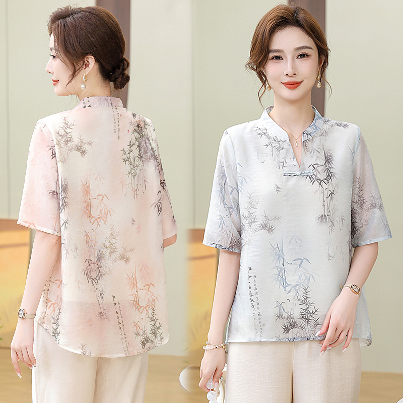 中老年妈妈装气质显瘦宽松夏季新款时尚洋气印花遮肚子T恤雪纺衫