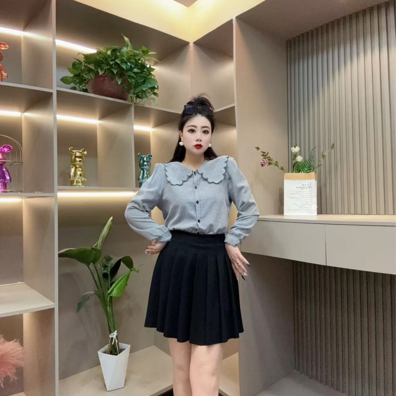 春季洋气衬衫-丫 5508-1时尚荷花领潮流格纹显瘦胖MM大码女装新款