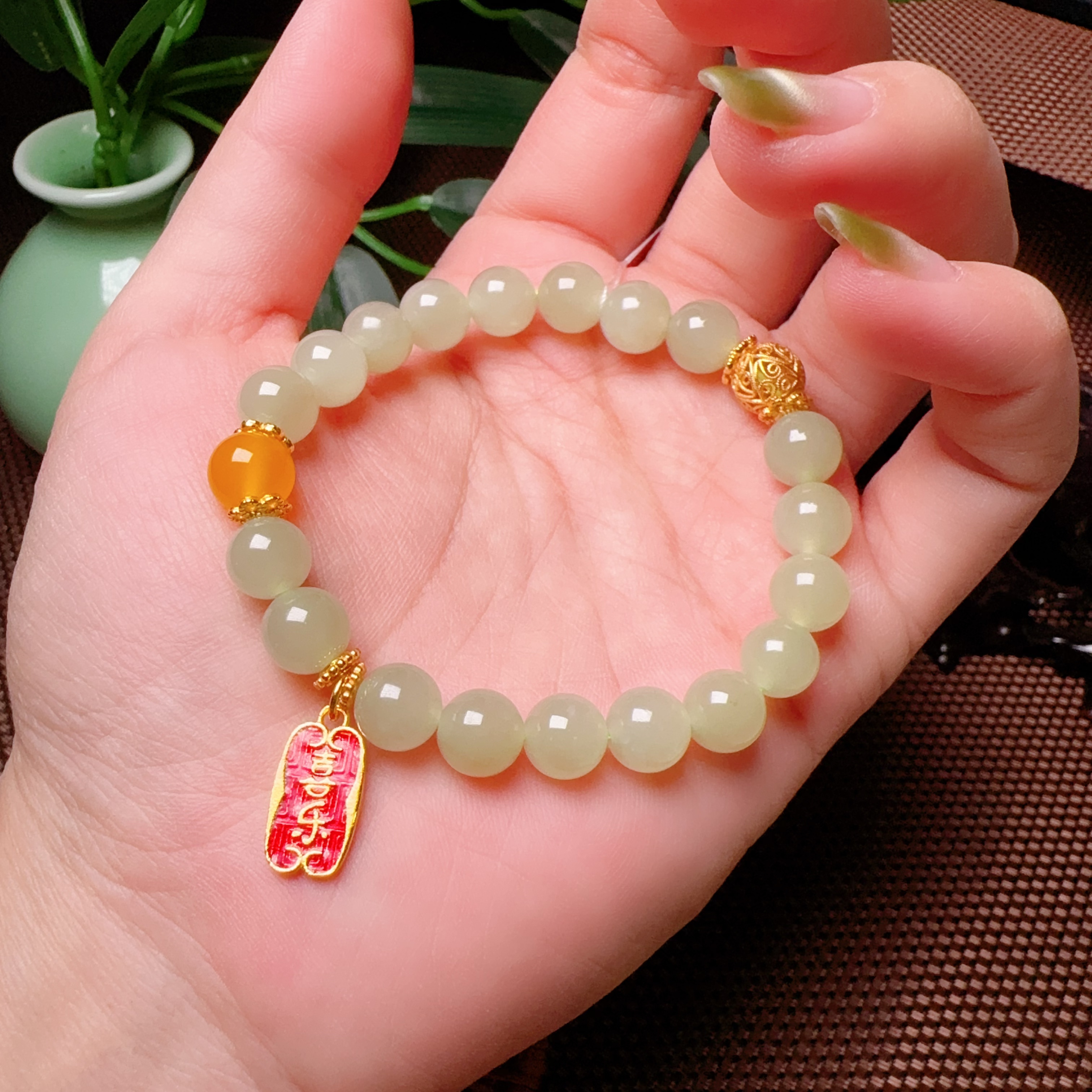 银925和田玉8mm手链单圈国风