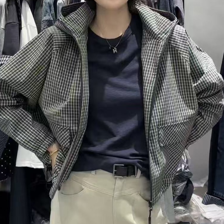 潮流短外套开衫秋季格子宽松单排扣连帽短款女防晒衣