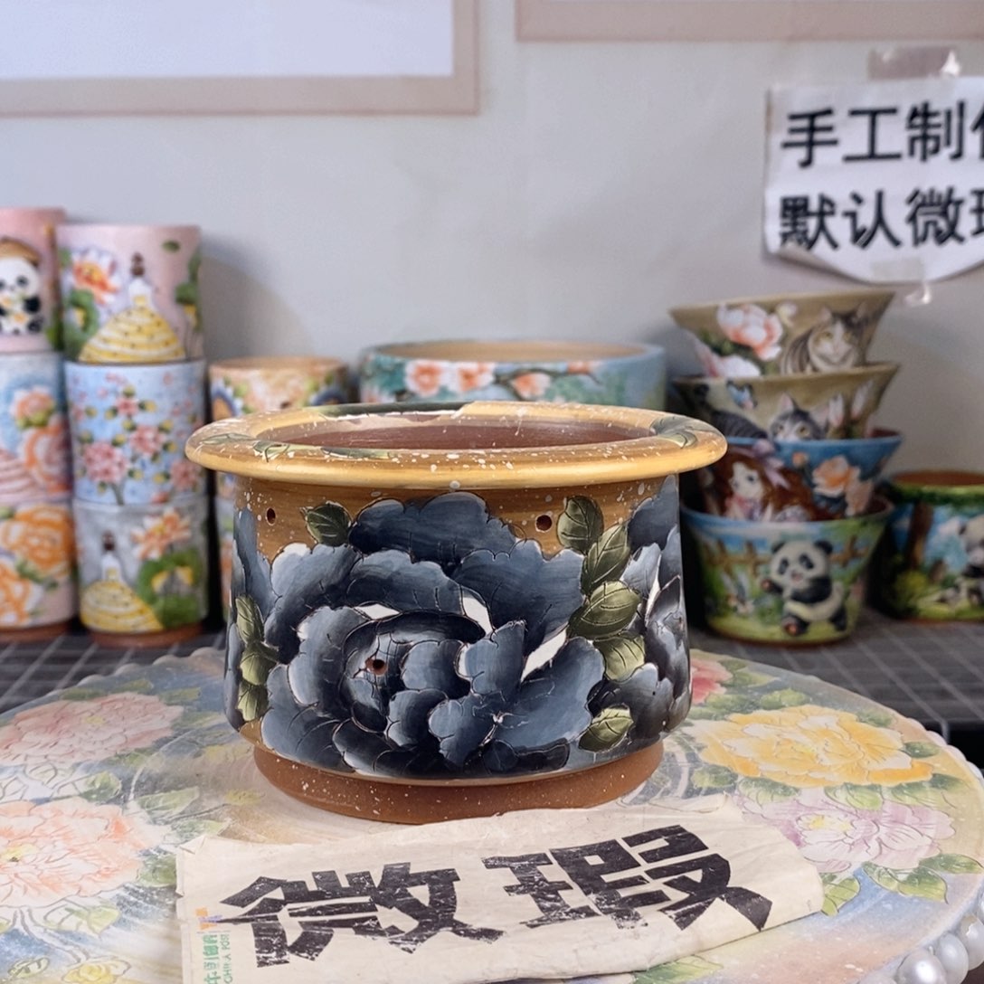 紫砂花盆红陶手绘花盆