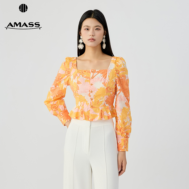 阿玛施AMASS  新款浪漫碎花方领褶皱花边长袖短款收腰衬衫530044