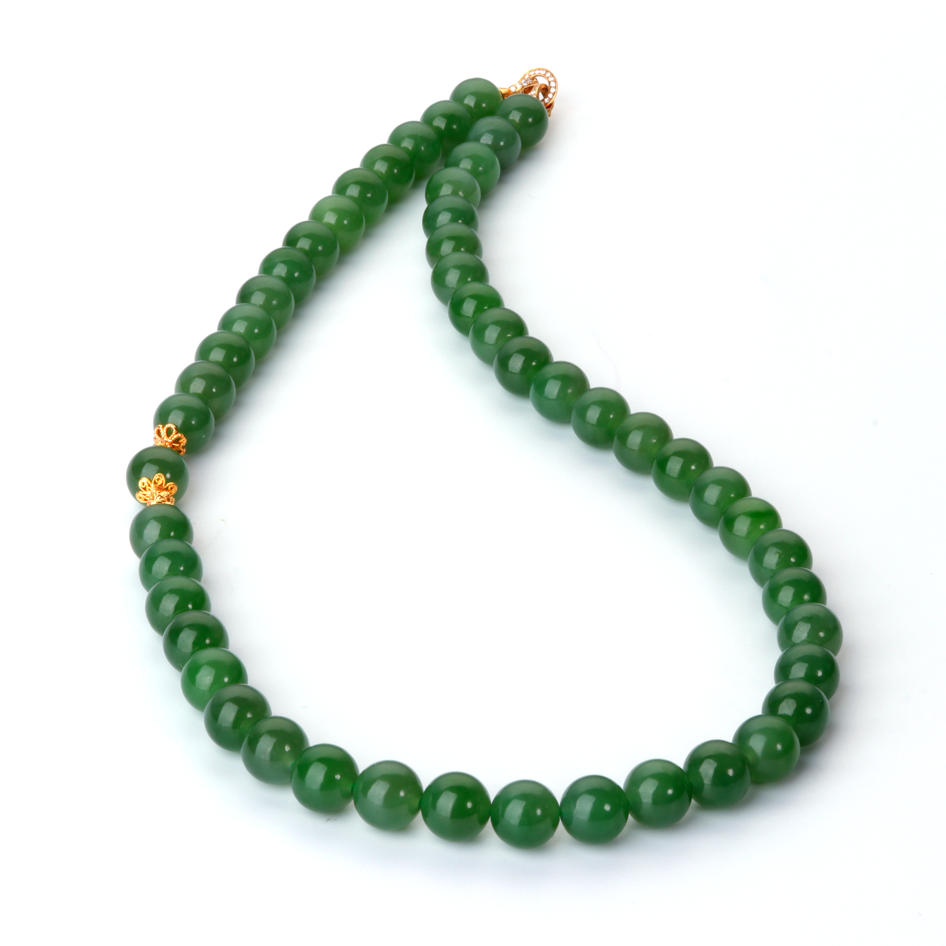 大稀缺  | 18K天然和田玉碧玉圆珠项链约10mm 链长48cm