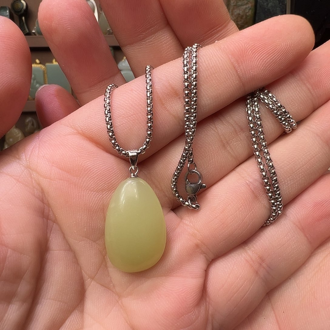 和田玉银S925镶嵌颈饰柠檬黄口水滴