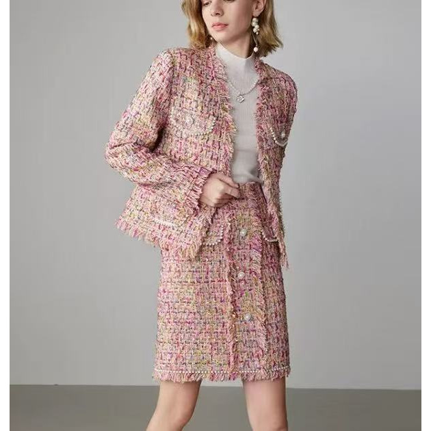 套装新款秋冬气质显瘦粉色粗花呢洋气小香风套装