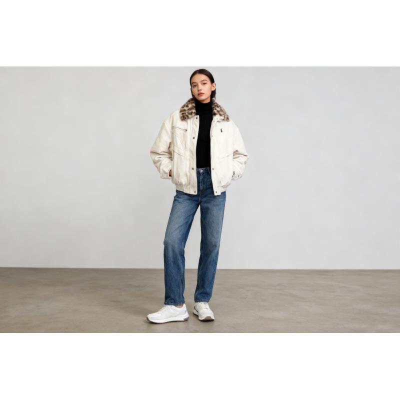 翻领宽松型厚款豹纹拼接毛领夹克情侣冬季短款水洗