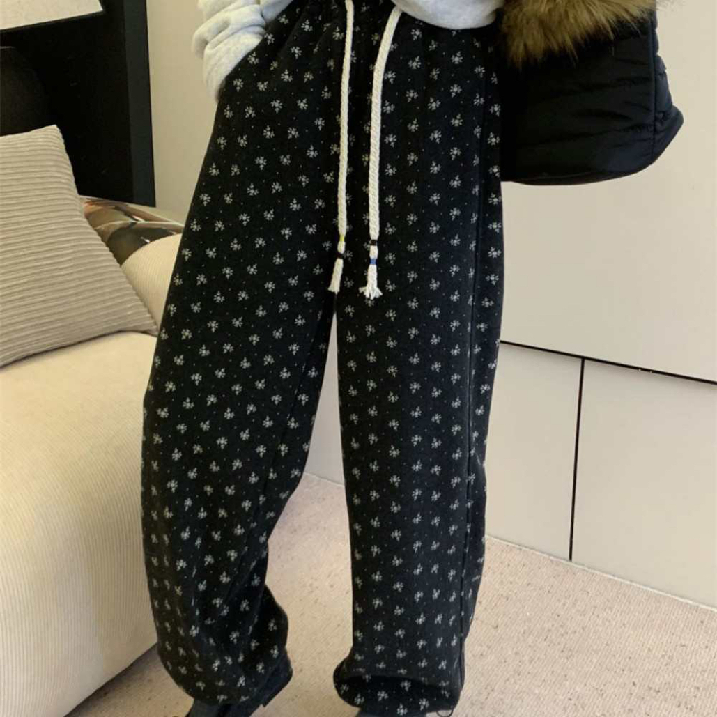 赵露思同款大码胖妹妹mm韩系加绒加厚碎花阔腿版型显瘦百搭休闲裤