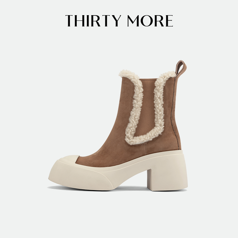 ThirtyMore粗跟短靴女冬季新款加绒加厚时装靴复古切尔西靴