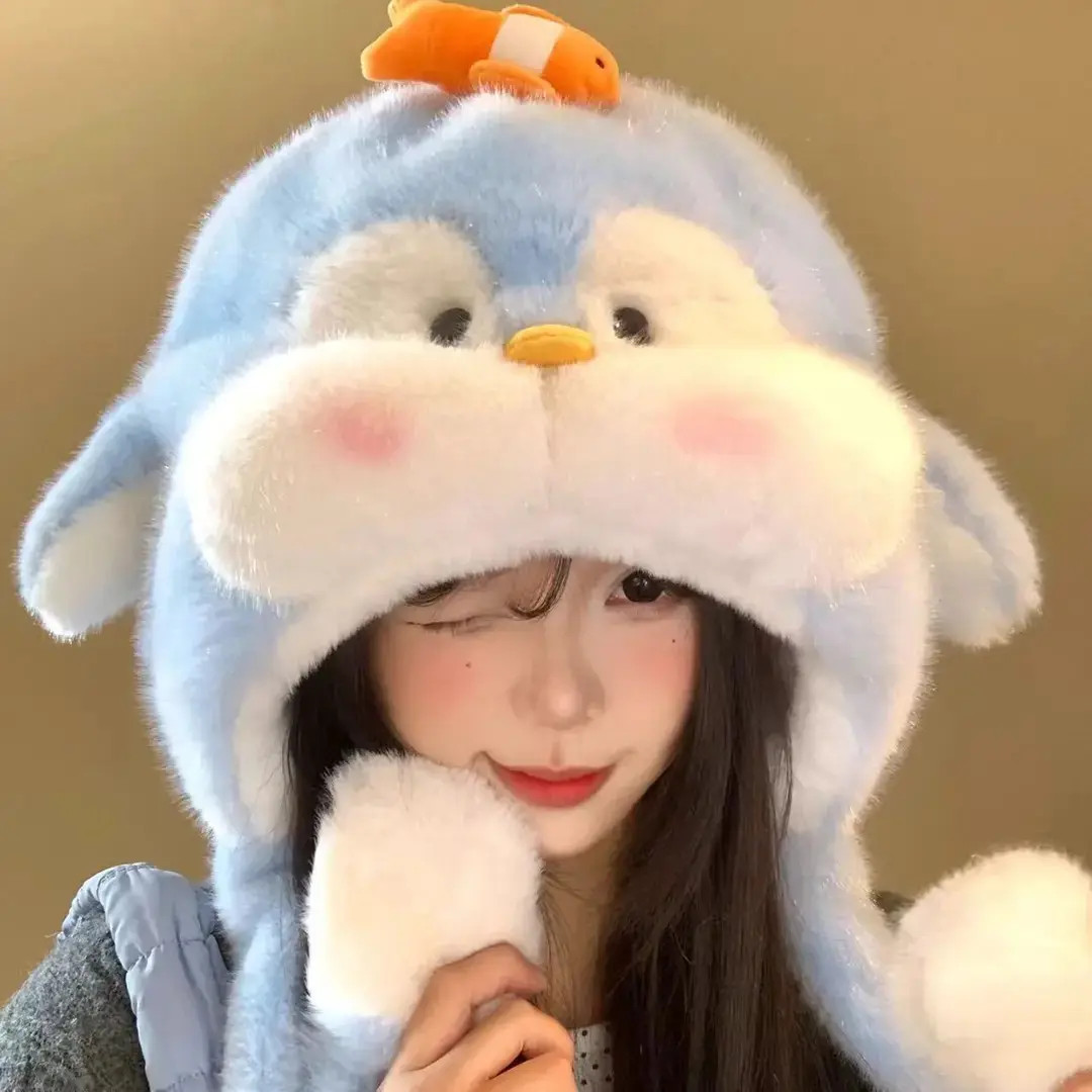 爆款卡通小企鹅蓝色毛绒玩具公仔舒适帽子毛茸茸护耳帽雷锋猫女生