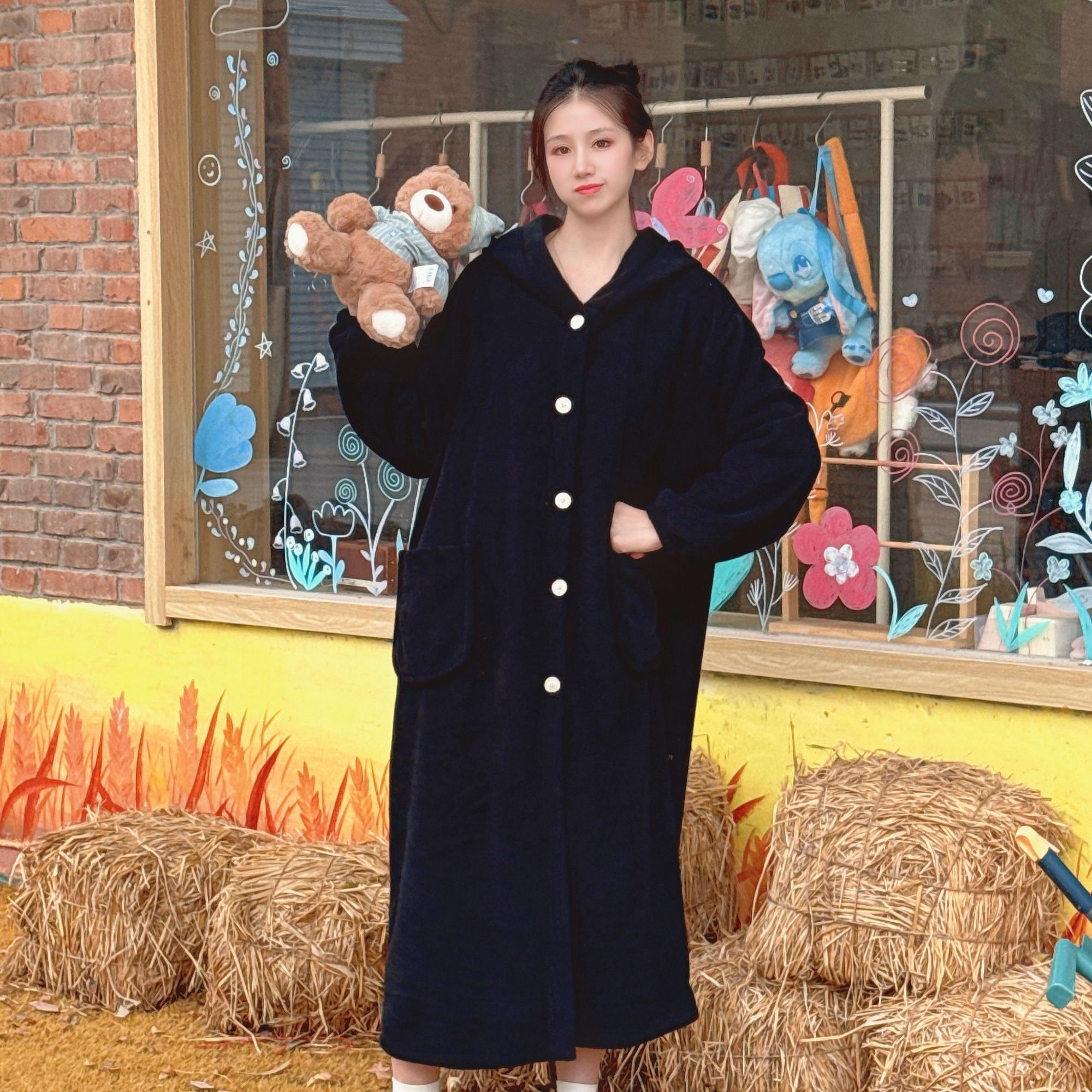 秋冬季保暖家居服杨梅绒大码袍子睡衣女可外穿连帽加绒绒卡通外套