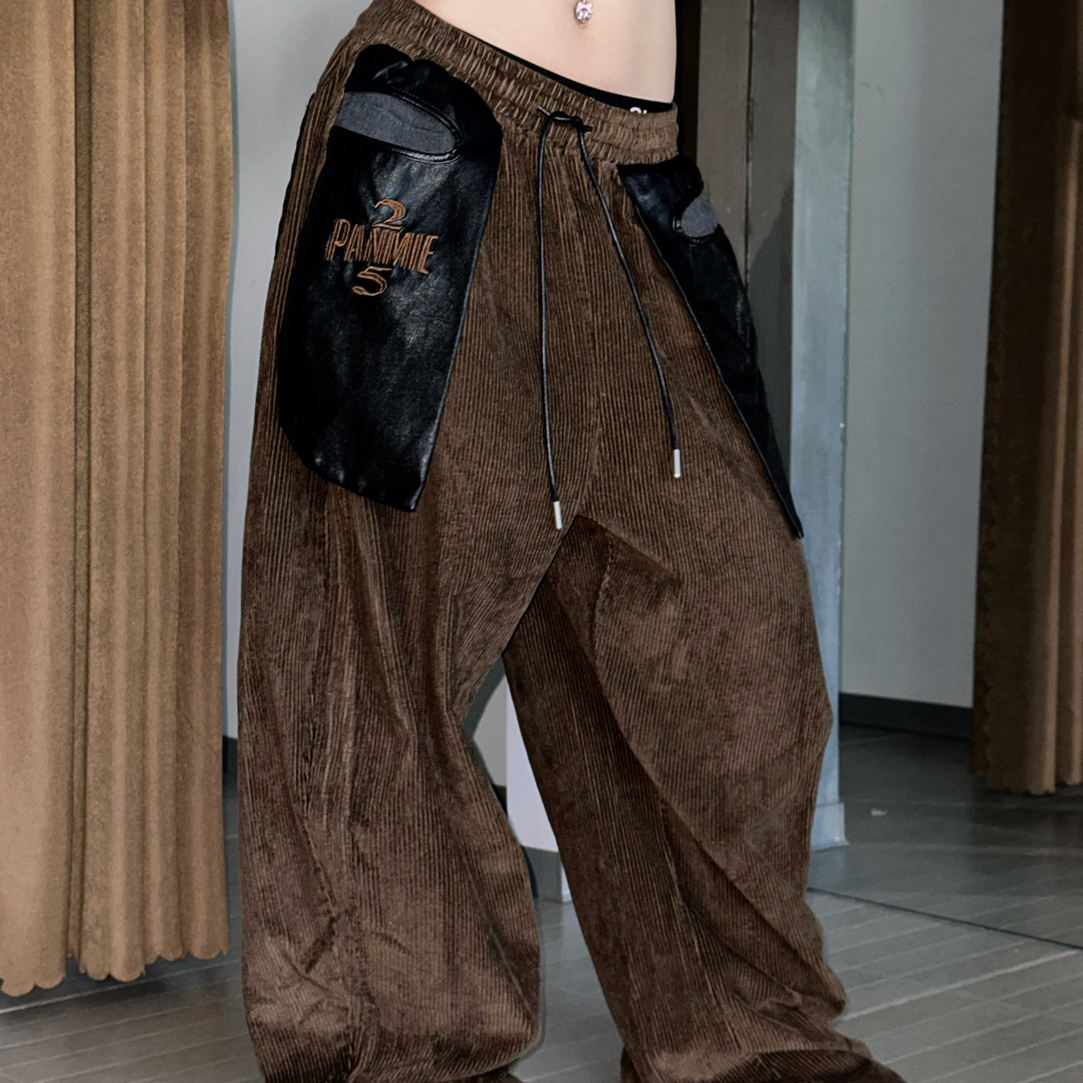 PANMIE25原创灯芯绒拼皮刺绣宽松阔腿弯刀裤美式街头复古爵士舞