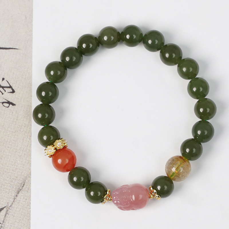 天然和田玉盐源玛瑙貔貅手链-8657